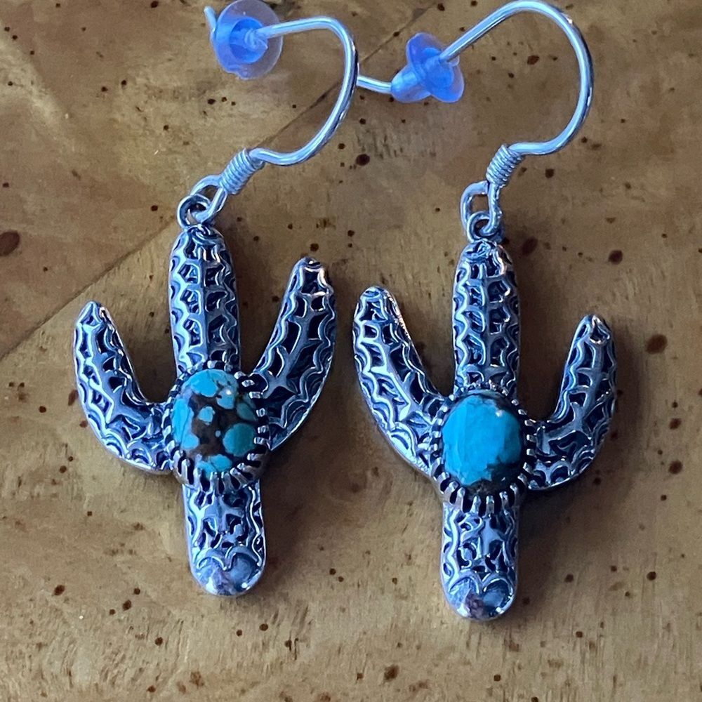 Natural Blue Moon Turquoise Cactus Earrings
